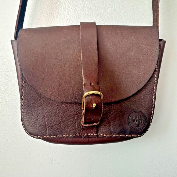 Haiti Made Bouk Small Brown Leather Crossbody Flap Purse - Picture 2 of 9